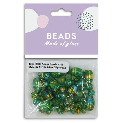 Glass Beads 4mm-8mm Metallic Stripe Lime 50pcs