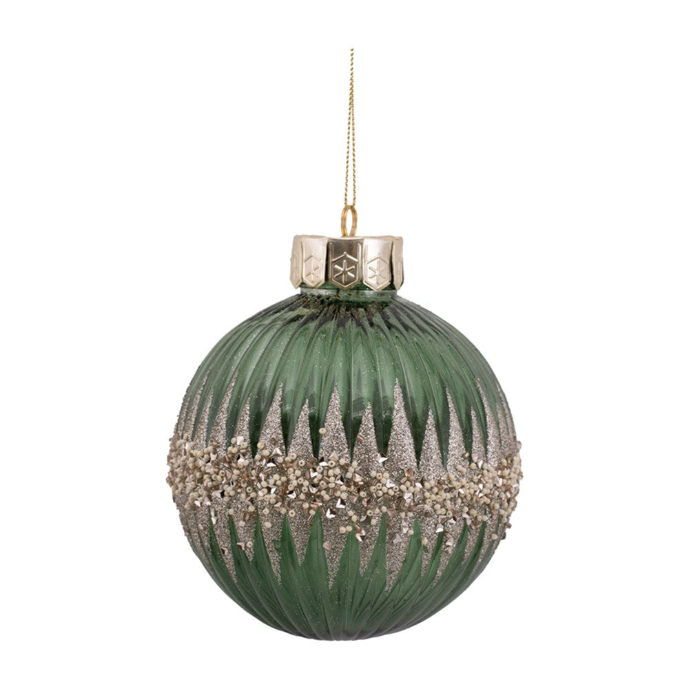 13cm Green Shatterproof Bauble W/Champagne Glitter Detail