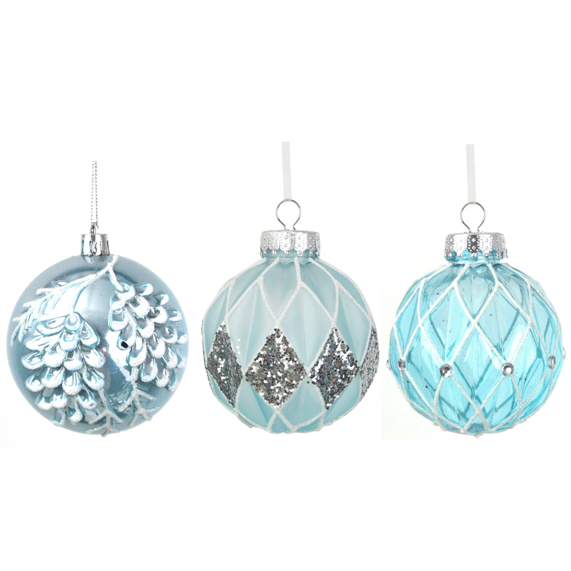 3A 8cm Artic Blue Baubles W/Hand Painted Details In Pdq