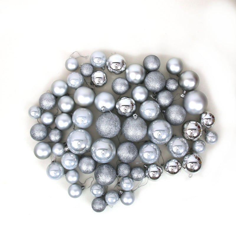 60Pk Silver Shatterproof Baubles 18X4cm 20X5cm 16X6cm 6X7cm