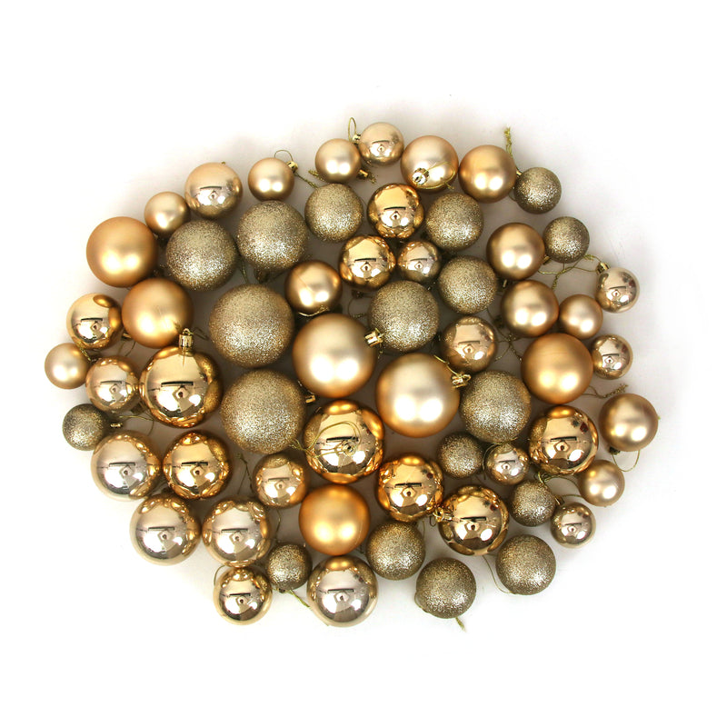 60Pk Gold Shatterproof Baubles 18X4cm 20X5cm 16X6cm 6X7cm