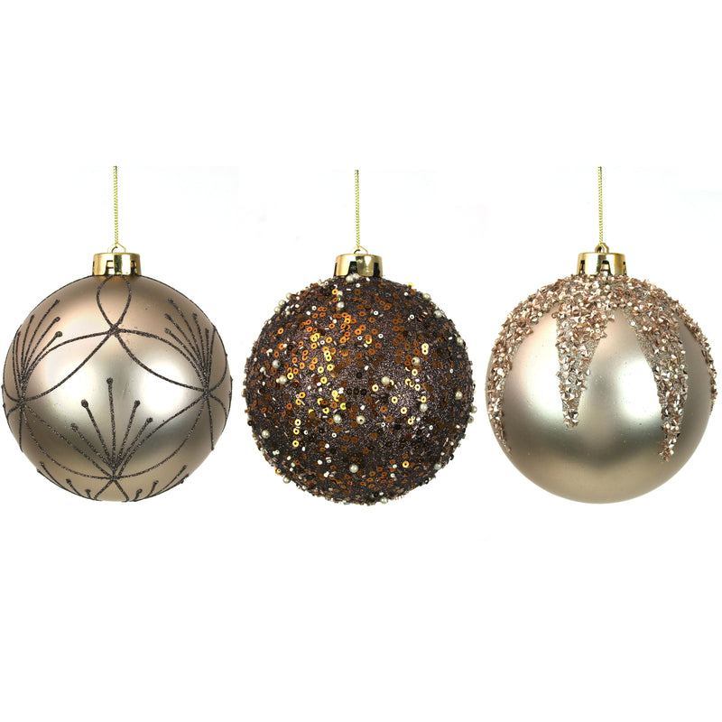 3A 12cm Champagne & Chestnut Detailed Baubles In Black Pdq
