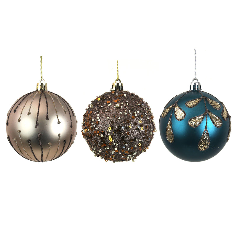3A 8cm Handpainted Shatterproof Baubles In Black Pdq Taupe Copper & Adriatic Blue