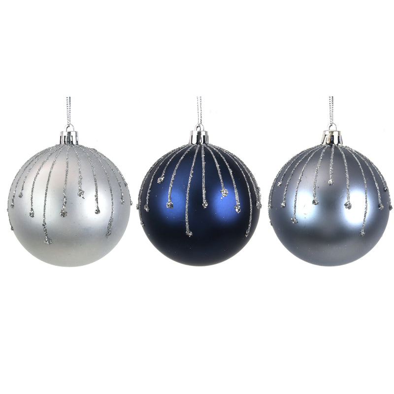 3A 8cm Silver Glacier Blue Royale Blue Shatterproof Baubles W/Silver Glitter Details In Black Pdq