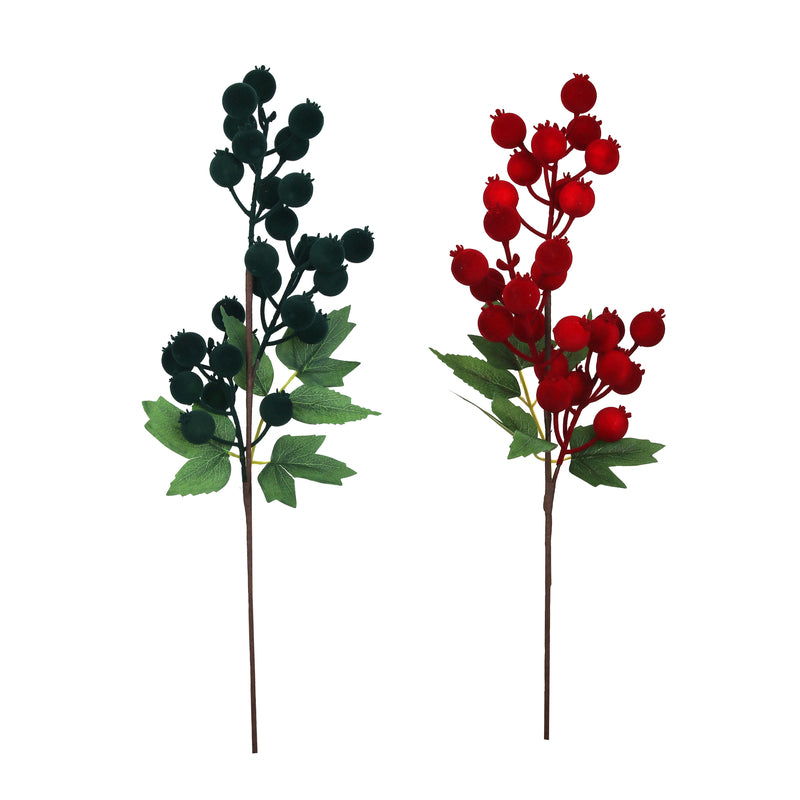 2A 60cm Flocked Red & Green Berry Stem