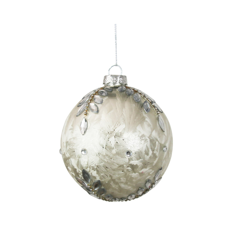 10cm Glass White Bauble W/Crystal Details