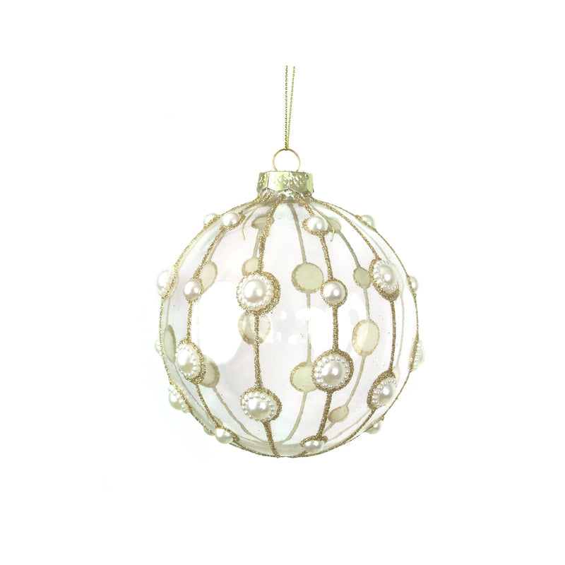 10cm Clear Glass Bauble W/Pearl Details