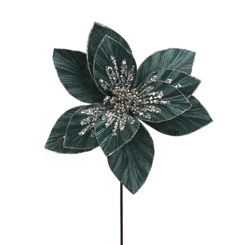 29cm Celadon Green Velvet Poinsettia W/Glitter Finish 50cm Stem