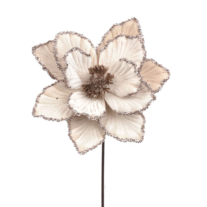 27cm Champagne Brown Magnolia W/Glitter Details 50cm Stem