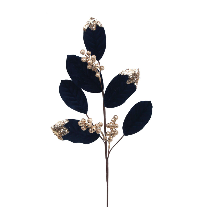 70cm Midnight Blue Velvet Leaf W/Champagne Glitter Berries