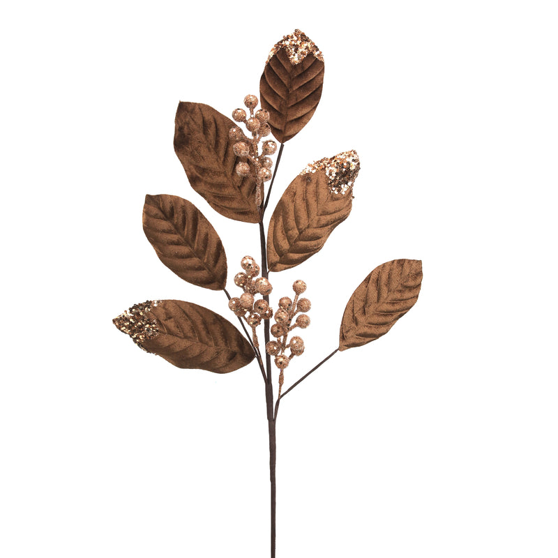 70cm Brown Velvet Leaf & Berry Stem