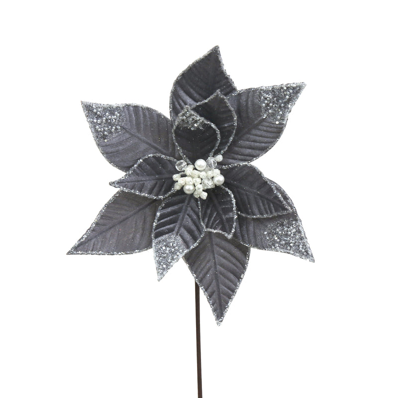 32cm Midnight Grey Velvet Poinsettia W/Glitter Details 50cm Stem