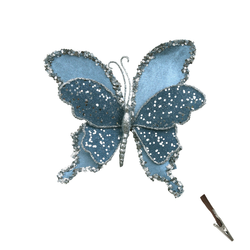 22cm Blue Denim Velvet Butterfly W/Glitter Details & Clip