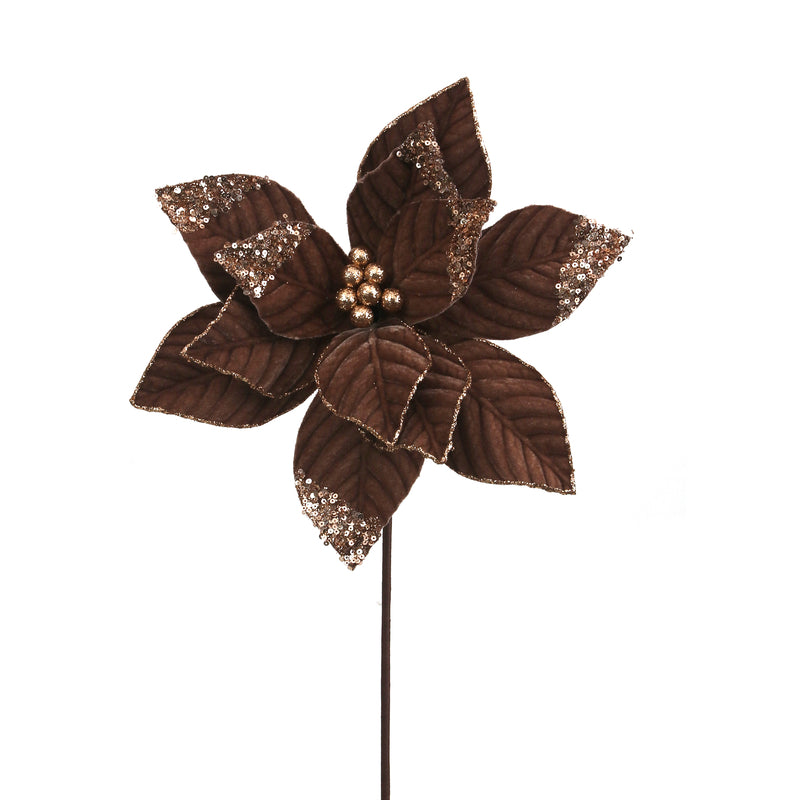 29cm Mocha Velvet Poinsettia W/Glitter Finish 50cm Stem
