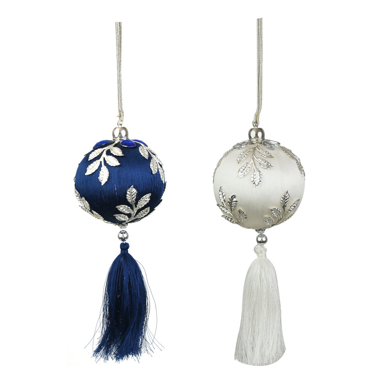 2A 8cm Ball W/Tassel White & Navy Blue
