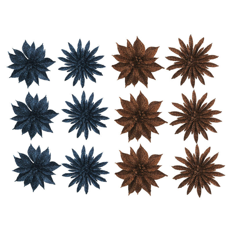 4A 3Pk 9.5cm Glitter Flowers Navy Blue & Mocha