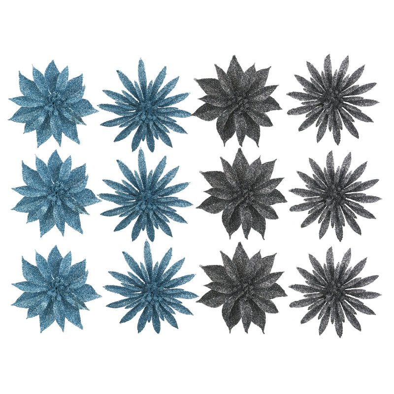 4A 3Pk 9.5cm Glitter Flower Arctic Blue & Gunmetal