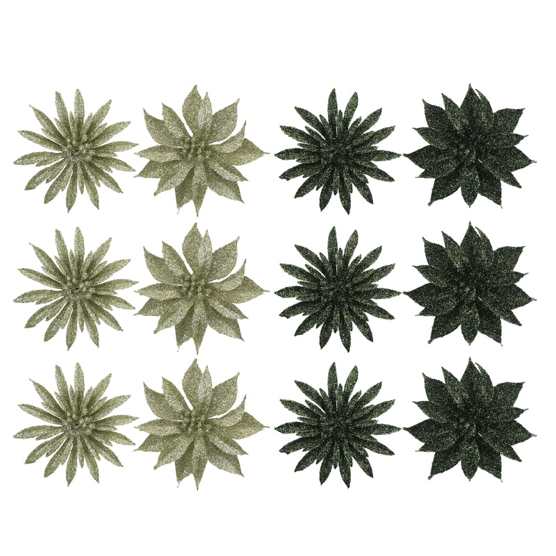 4A 3Pk 9.5cm Glitter Flower Sage & Platinum