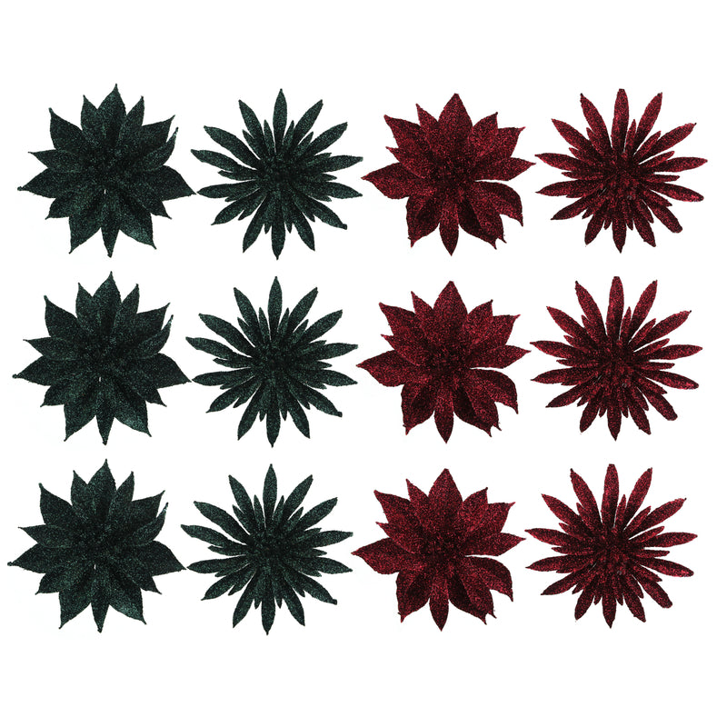 4A 3Pk 9.5cm Glitter Flower Burgundy & Forest Green