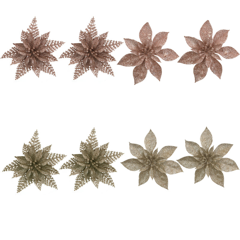 4A 2Pk 15cm Glitter Poinsettia Champagne & Rose Gold