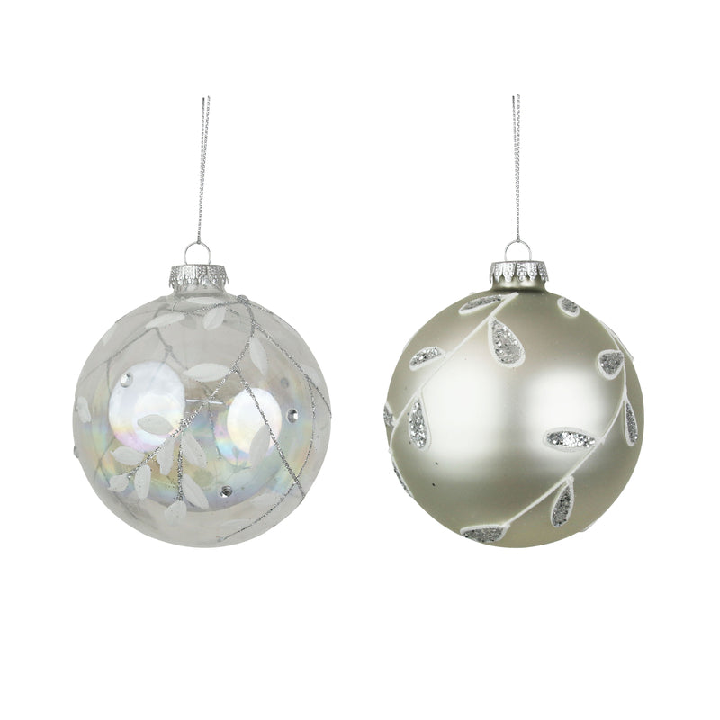 2A 10cm Glass Baubles White & Clear W/Handpainted Finishes