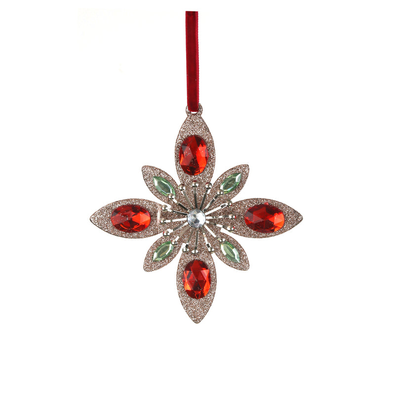 13.4X14cm Champagne Glitter W/Red Jewels Star Tree Deco